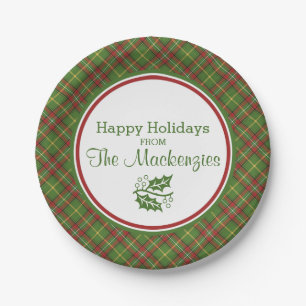 Green Christmas Plaid Pattern Personalized Paper Plates