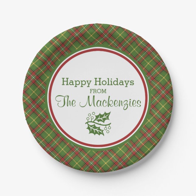 Green Christmas Plaid Pattern Personalized Paper Plates (Front)