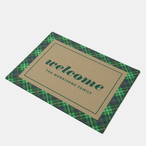 Green Christmas Plaid Personalized Welcome Doormat