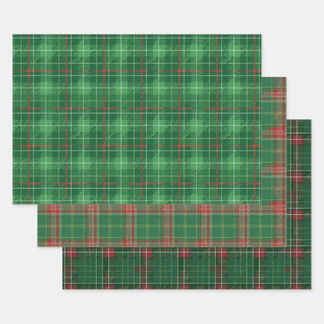 Green Christmas Plaid Wrapping Paper Sheets (Set)