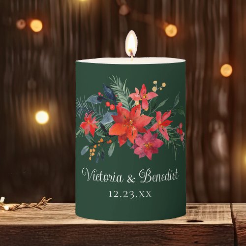 Green Christmas Poinsettia Floral Custom Wedding Pillar Candle