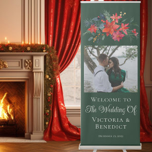 Green Christmas Poinsettia Floral Photo Wedding Retractable Banner