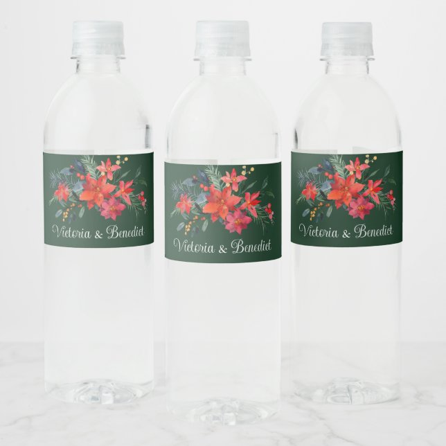 Green Christmas Poinsettia Floral Wedding Custom Water Bottle Label (Bottles)