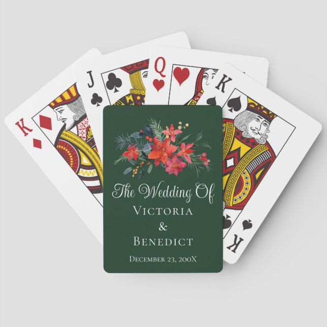 Green Christmas Poinsettia Floral Wedding Favor Poker Cards (Back)