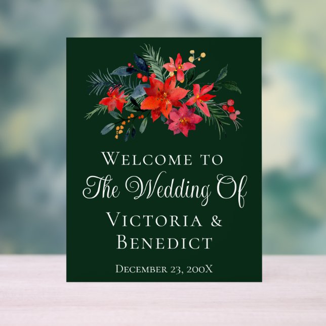 Green Christmas Poinsettia Floral Welcome Wedding Acrylic Sign (Neutral)