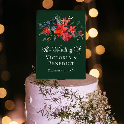 Green Christmas Poinsettia Floral Welcome Wedding Cake Topper