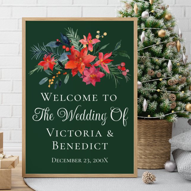 Green Christmas Poinsettia Floral Welcome Wedding Poster (Creator Uploaded)