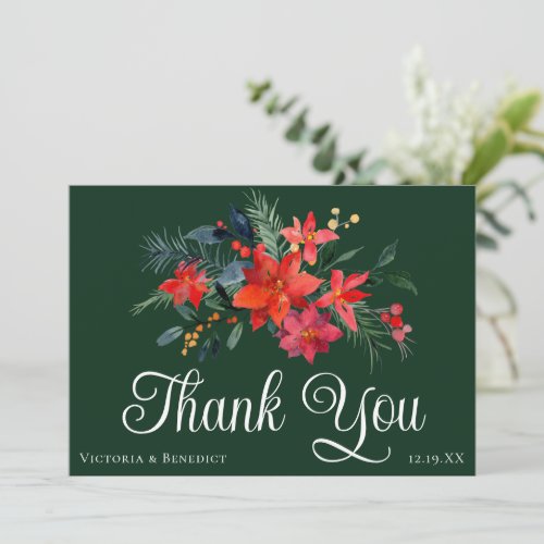Green Christmas Poinsettia Holiday Wedding Custom Thank You Card