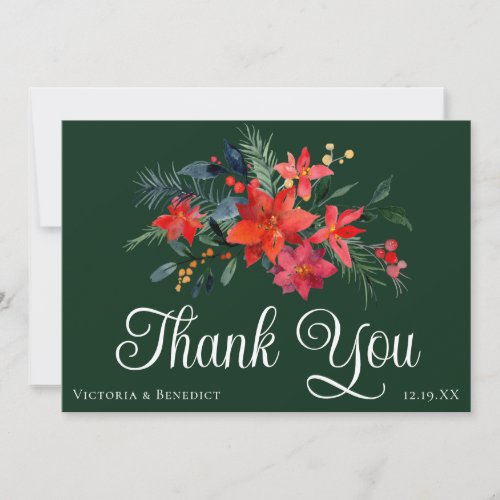 Green Christmas Poinsettia Holiday Wedding Custom Thank You Card