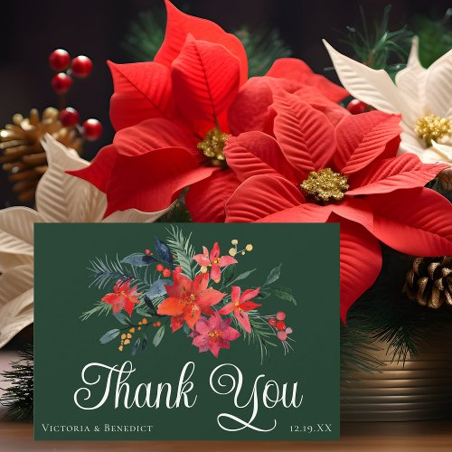 Green Christmas Poinsettia Holiday Wedding Custom Thank You Card