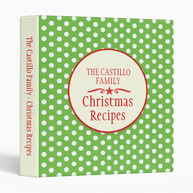 Green Christmas polka dot family recipe binder (Front/Spine)