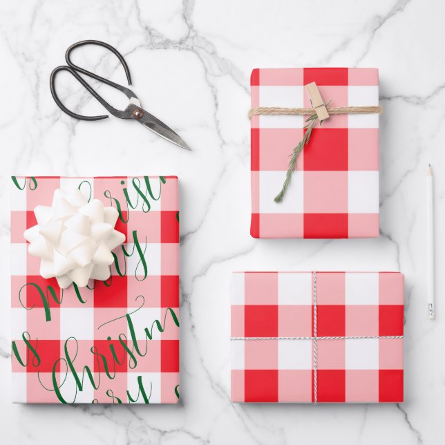 Green Christmas Red Check  Wrapping Paper Sheets (Front)