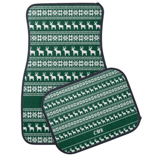 Green Christmas Reindeer Holiday Pattern Monogram Car Floor Mat