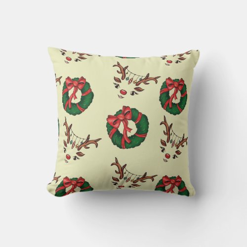 Green Christmas Reindeer Wreath Pattern  Throw Pillow