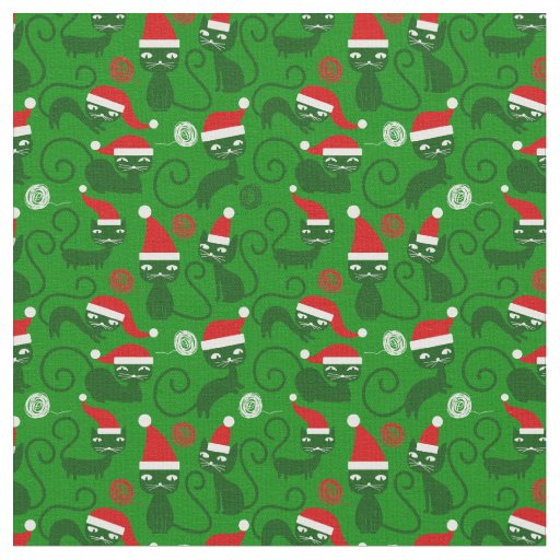 green christmas santa cats  fabric