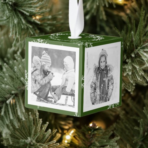 Green Christmas Snowflake and Black and White Pics Cube Ornament
