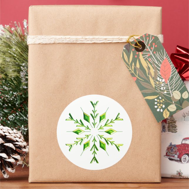 Green Christmas Snowflake Classic Round Sticker (Holiday)