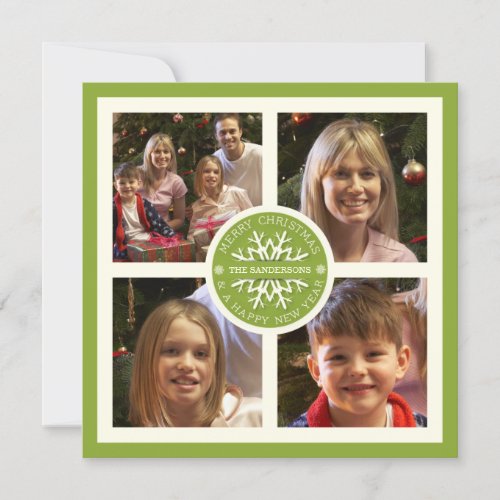 Green Christmas Snowflake Photo Card  Four Photos