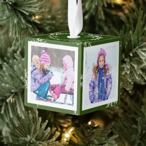 Green Christmas Snowflake Seasons Greetings Photo Cube Ornament