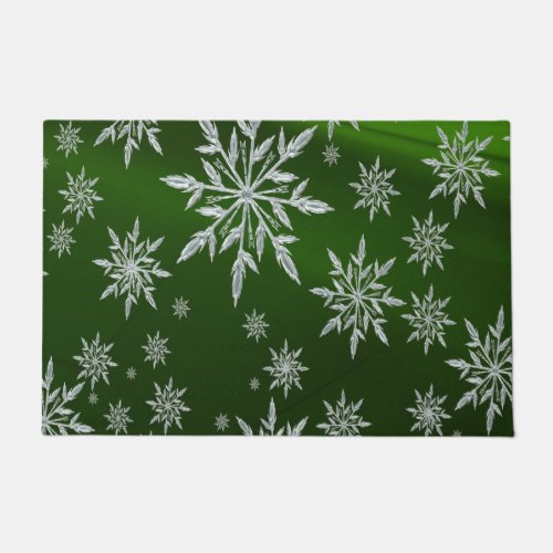 Green Christmas stars with white ice crystal Doormat