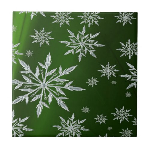 Green Christmas stars with white ice crystal Tile