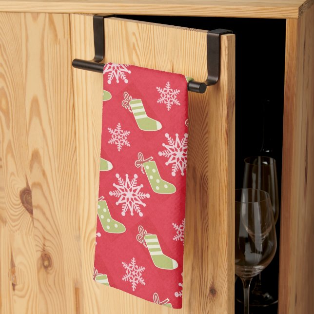 Green Christmas Stockings and Snowflakes Red Kitchen Towel (Thirds Fold)
