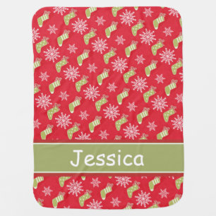 Green Christmas Stockings and Snowflakes Red Name Baby Blanket