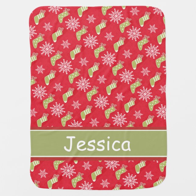 Green Christmas Stockings and Snowflakes Red Name Baby Blanket (Front)