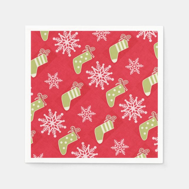 Green Christmas Stockings and Snowflakes Red Napkins (Front)