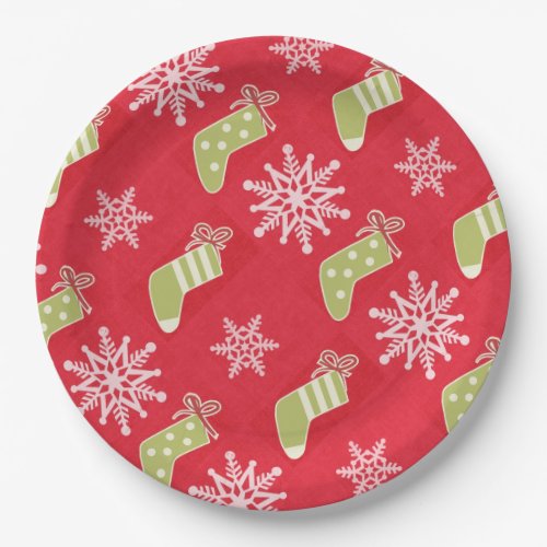 Green Christmas Stockings and Snowflakes Red Paper Plates
