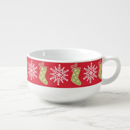 Green Christmas Stockings and Snowflakes Red Soup Mug