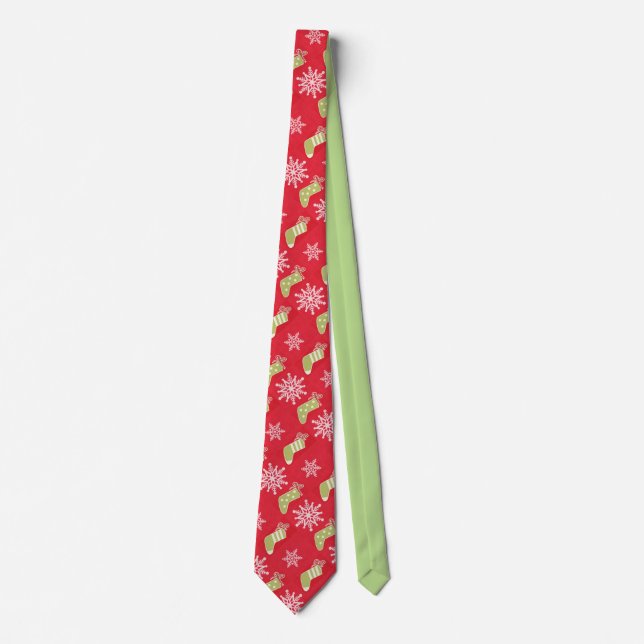 Green Christmas Stockings Pattern Red Neck Tie (Front)