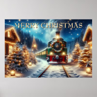 Green Christmas Train in Snowy Village