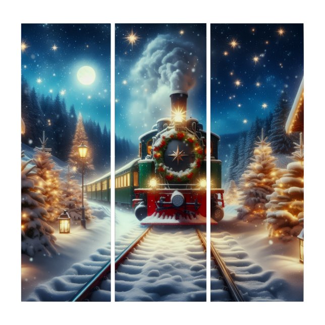 Green Christmas Train in Snowy Village Triptych (Front)