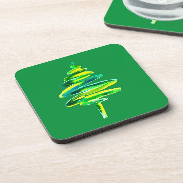Green Christmas tree abstract watercolor Beverage Coaster (Left Side)