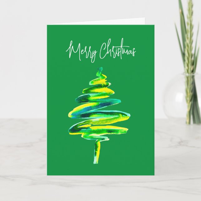 Green Christmas tree abstract watercolor Card (Front)
