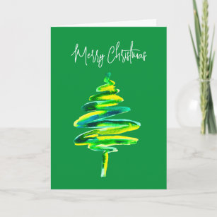 Green Christmas tree abstract watercolor Card