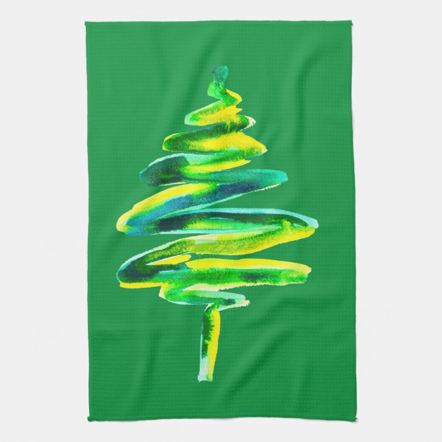 Green Christmas tree abstract watercolor Kitchen Towel (Vertical)