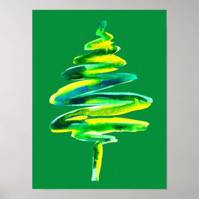 Green Christmas tree abstract watercolor Poster (Front)