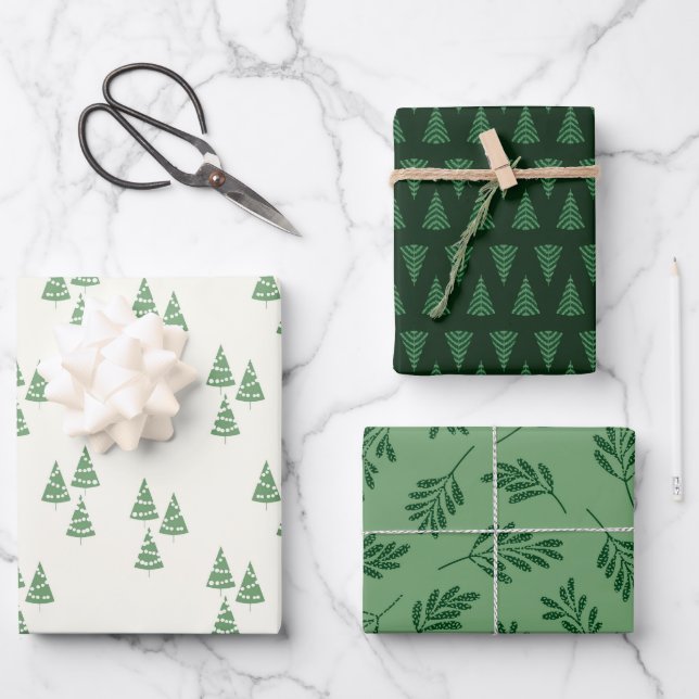 Green Christmas Tree and Botanical Holiday Leaves Wrapping Paper Sheets (Front)