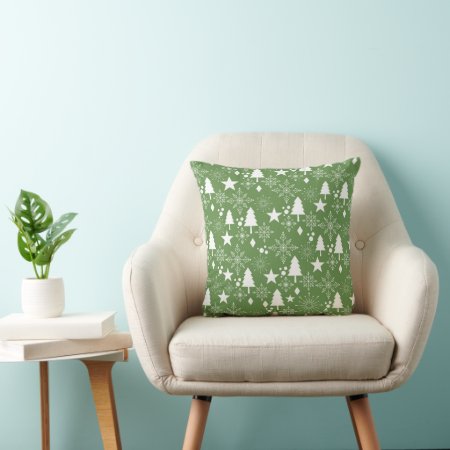 Green Christmas Tree And Snowflake Holiday Pattern Throw Pillow