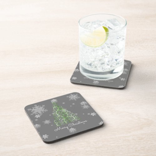 Green Christmas Tree and Snowflakes Beverage Coaster