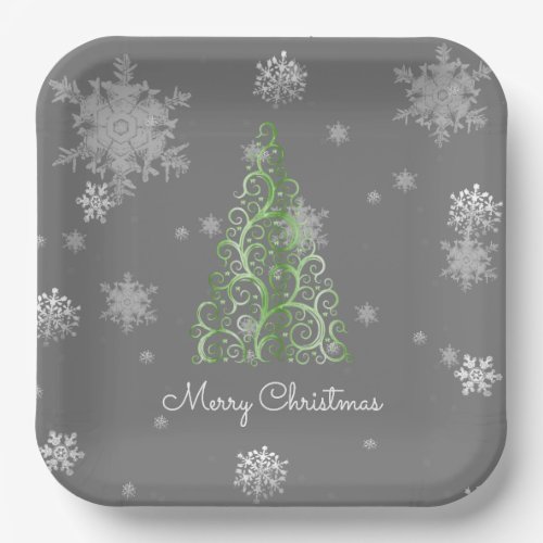 Green Christmas Tree and Snowflakes Paper Plate