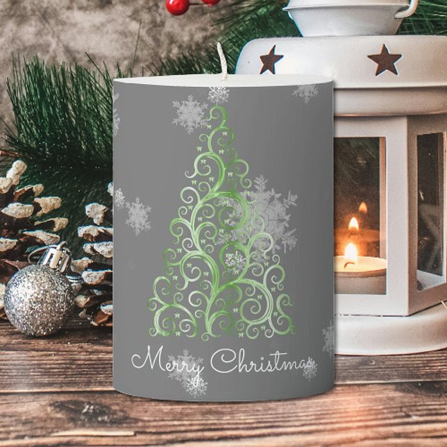 Green Christmas Tree and Snowflakes Pillar Candle (Green Christmas Tree and Snowflakes Pillar Candle)