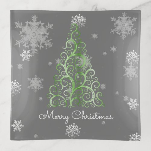 Green Christmas Tree and Snowflakes Trinket Tray