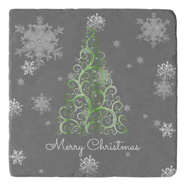 Green Christmas Tree and Snowflakes Trivet (Front)
