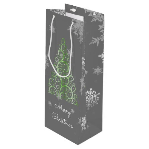 Green Christmas Tree and Snowflakes Wine Gift Bag