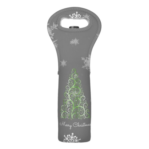 Green Christmas Tree and Snowflakes Wine Tote