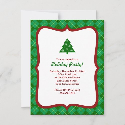 Green Christmas Tree Argyle Plaid Pattern Party Invitation