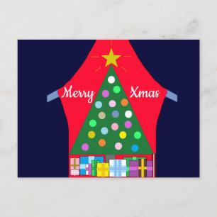 Green Christmas Tree & Blue Drapes: Holiday Postcard